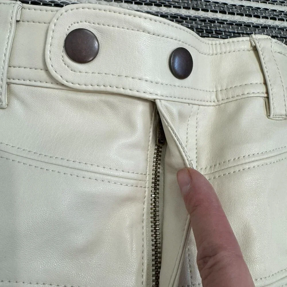 Free People We The Free Rebel Vegan Faux Leather Moto Pants Ivory‎ Cream Size 10